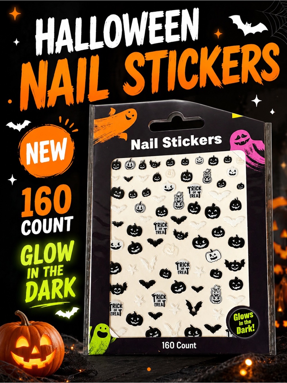 Halloween Glow in the Dark Nail Stickers 160 Count Pumpkin Bat Ghost